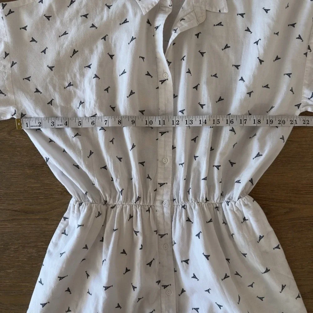 ELLISON Linen Blend Eiffel Tower Print Button Up Shirt Dress-White Knee Length-S